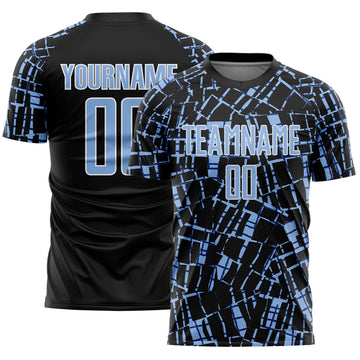 Custom Black Light Blue-White Abstract Line Sports Sublimation Soccer Uniform Jersey