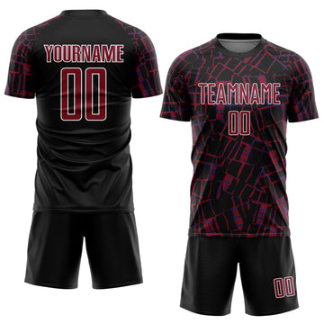 Custom Black Crimson-White Abstract Line Sports Sublimation Soccer Uniform Jersey