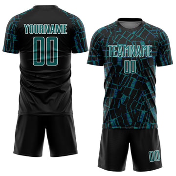 Custom Black Teal-White Abstract Line Sports Sublimation Soccer Uniform Jersey