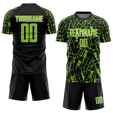 Custom Black Neon Green-White Abstract Line Sports Sublimation Soccer Uniform Jersey