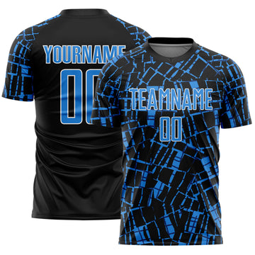 Custom Black Powder Blue-White Abstract Line Sports Sublimation Soccer Uniform Jersey