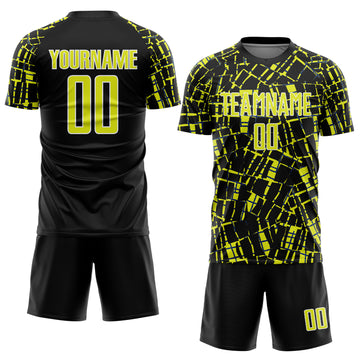 Custom Black Neon Yellow-White Abstract Line Sports Sublimation Soccer Uniform Jersey