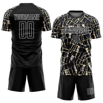Custom Black Cream-White Abstract Line Sports Sublimation Soccer Uniform Jersey