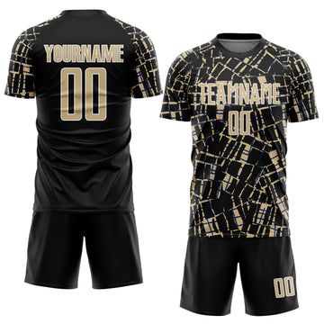 Custom Black Vegas Gold-White Abstract Line Sports Sublimation Soccer Uniform Jersey