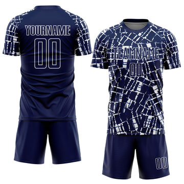 Custom Navy White Abstract Line Sports Sublimation Soccer Uniform Jersey