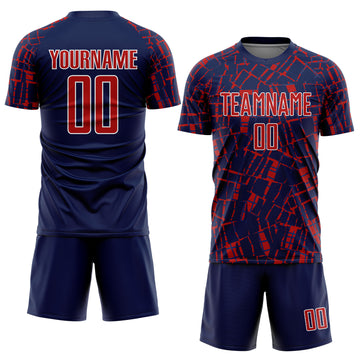 Custom Navy Red-White Abstract Line Sports Sublimation Soccer Uniform Jersey