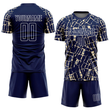 Custom Navy Cream-White Abstract Line Sports Sublimation Soccer Uniform Jersey