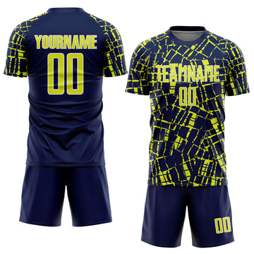 Custom Navy Neon Yellow-White Abstract Line Sports Sublimation Soccer Uniform Jersey