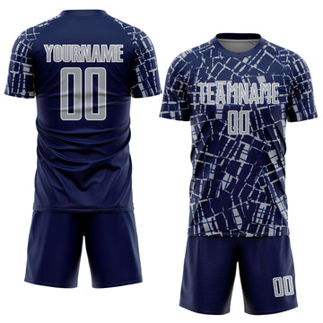 Custom Navy Gray-White Abstract Line Sports Sublimation Soccer Uniform Jersey