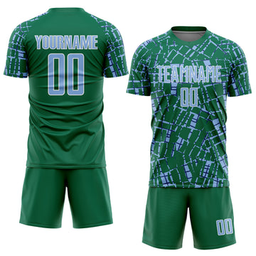 Custom Kelly Green Light Blue-White Abstract Line Sports Sublimation Soccer Uniform Jersey