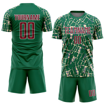 Custom Kelly Green Crimson Cream-White Abstract Line Sports Sublimation Soccer Uniform Jersey