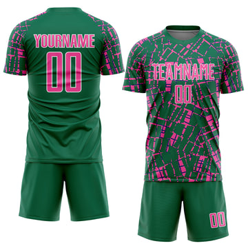 Custom Kelly Green Pink-White Abstract Line Sports Sublimation Soccer Uniform Jersey