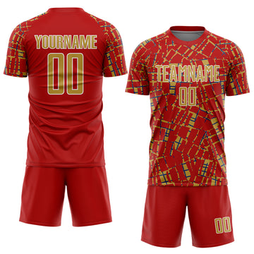 Custom Red Old Gold White-Blue Abstract Line Sports Sublimation Soccer Uniform Jersey