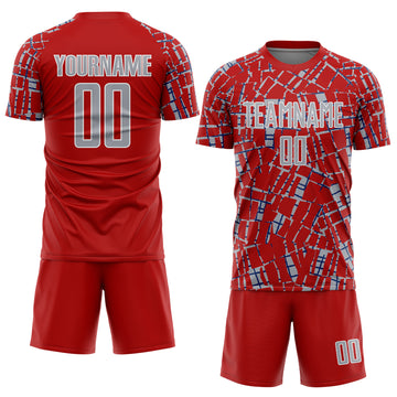 Custom Red Gray White-Blue Abstract Line Sports Sublimation Soccer Uniform Jersey