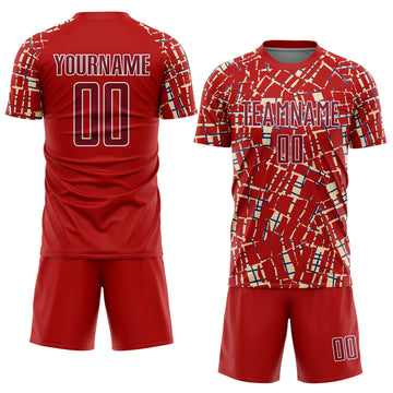 Custom Red Crimson Cream White-Blue Abstract Line Sports Sublimation Soccer Uniform Jersey