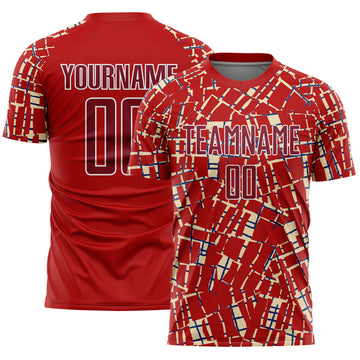 Custom Red Crimson Cream White-Blue Abstract Line Sports Sublimation Soccer Uniform Jersey