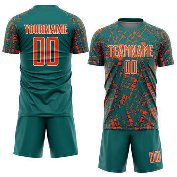 Custom Teal Orange-White Abstract Line Sports Sublimation Soccer Uniform Jersey