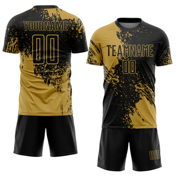 Custom Black Old Gold Abstract Brush Stroke Sports Sublimation Soccer Uniform Jersey