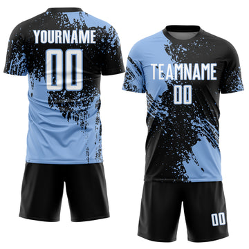 Custom Black White-Light Blue Abstract Brush Stroke Sports Sublimation Soccer Uniform Jersey