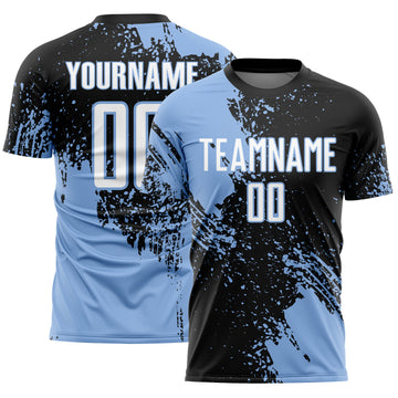 Custom Black White-Light Blue Abstract Brush Stroke Sports Sublimation Soccer Uniform Jersey