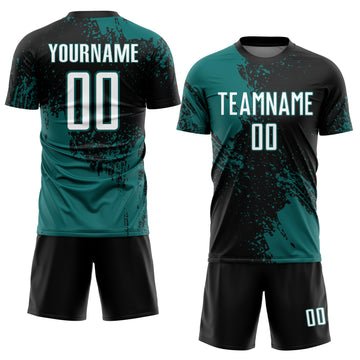 Custom Black White-Teal Abstract Brush Stroke Sports Sublimation Soccer Uniform Jersey