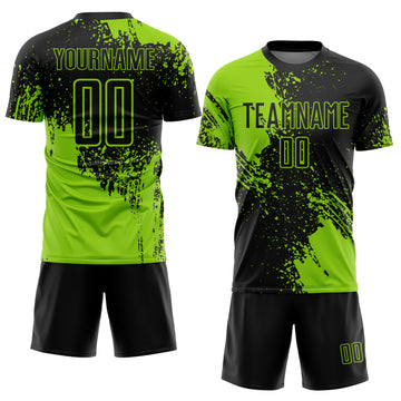 Custom Black Neon Green Abstract Brush Stroke Sports Sublimation Soccer Uniform Jersey