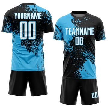 Custom Black White-Sky Blue Abstract Brush Stroke Sports Sublimation Soccer Uniform Jersey