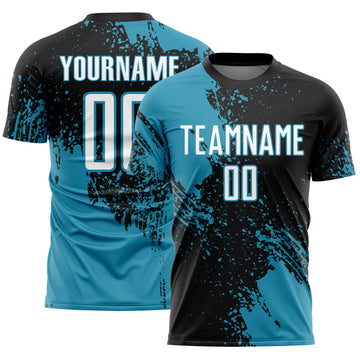 Custom Black White-Panther Blue Abstract Brush Stroke Sports Sublimation Soccer Uniform Jersey