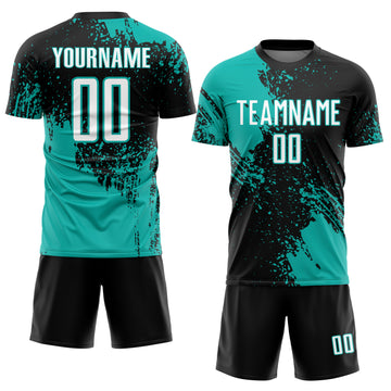 Custom Black White-Aqua Abstract Brush Stroke Sports Sublimation Soccer Uniform Jersey