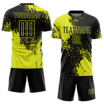 Custom Black Neon Yellow Abstract Brush Stroke Sports Sublimation Soccer Uniform Jersey