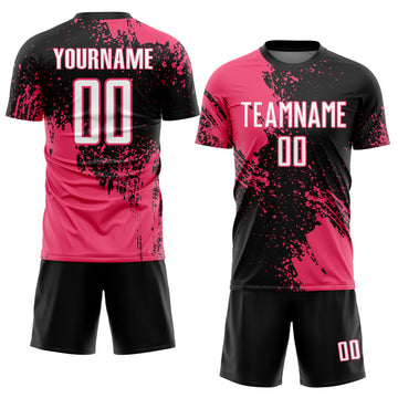 Custom Black White-Neon Pink Abstract Brush Stroke Sports Sublimation Soccer Uniform Jersey