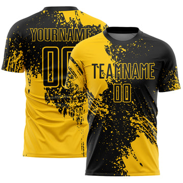 Custom Black Yellow Abstract Brush Stroke Sports Sublimation Soccer Uniform Jersey