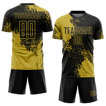 Custom Black Old Gold Abstract Brush Stroke Sports Sublimation Soccer Uniform Jersey