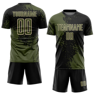 Custom Black Olive-Cream Abstract Brush Stroke Sports Sublimation Soccer Uniform Jersey