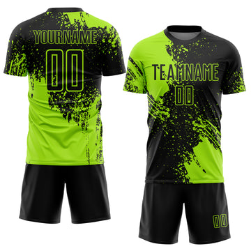 Custom Black Neon Green Abstract Brush Stroke Sports Sublimation Soccer Uniform Jersey