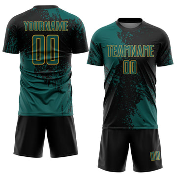 Custom Black Midnight Green-Old Gold Abstract Brush Stroke Sports Sublimation Soccer Uniform Jersey
