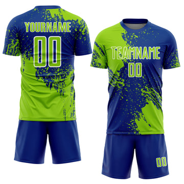 Custom Royal Neon Green-White Abstract Brush Stroke Sports Sublimation Soccer Uniform Jersey