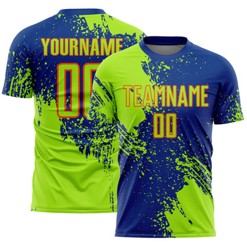 Custom Royal Neon Green-Orange Abstract Brush Stroke Sports Sublimation Soccer Uniform Jersey