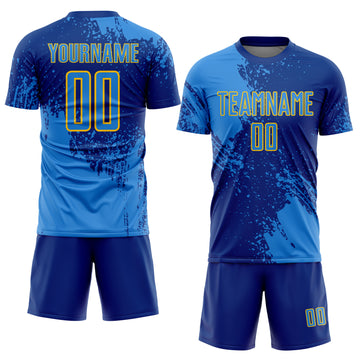Custom Royal Powder Blue-Yellow Abstract Brush Stroke Sports Sublimation Soccer Uniform Jersey