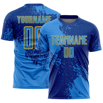 Custom Royal Powder Blue-Yellow Abstract Brush Stroke Sports Sublimation Soccer Uniform Jersey