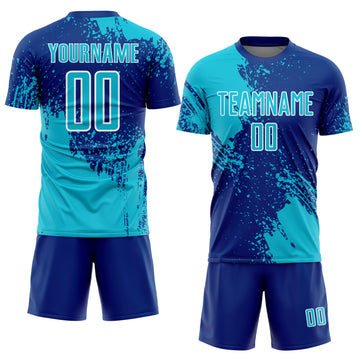 Custom Royal Lakes Blue-White Abstract Brush Stroke Sports Sublimation Soccer Uniform Jersey