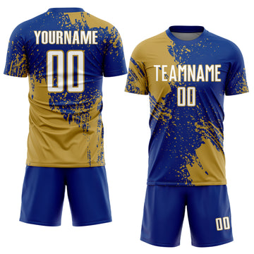 Custom Royal White-Old Gold Abstract Brush Stroke Sports Sublimation Soccer Uniform Jersey