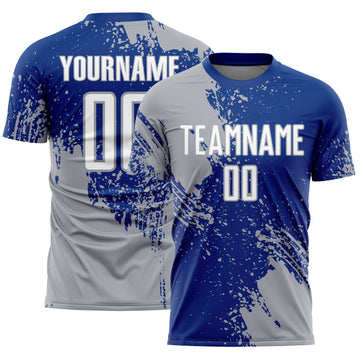 Custom Royal White-Gray Abstract Brush Stroke Sports Sublimation Soccer Uniform Jersey