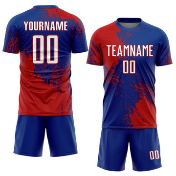 Custom Royal White-Red Abstract Brush Stroke Sports Sublimation Soccer Uniform Jersey