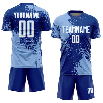 Custom Royal White-Light Blue Abstract Brush Stroke Sports Sublimation Soccer Uniform Jersey