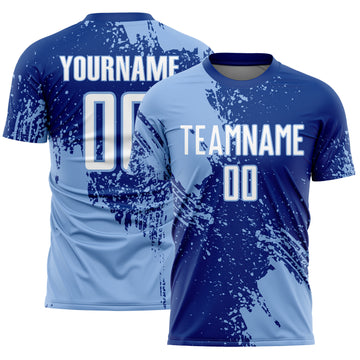 Custom Royal White-Light Blue Abstract Brush Stroke Sports Sublimation Soccer Uniform Jersey