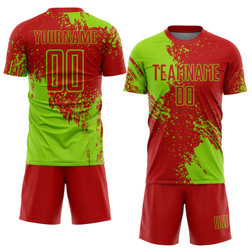 Custom Red Neon Green Abstract Brush Stroke Sports Sublimation Soccer Uniform Jersey