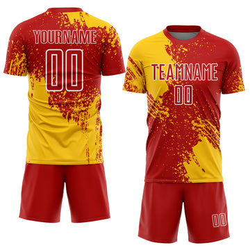 Custom Red Yellow-White Abstract Brush Stroke Sports Sublimation Soccer Uniform Jersey