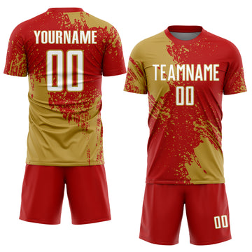 Custom Red White-Old Gold Abstract Brush Stroke Sports Sublimation Soccer Uniform Jersey