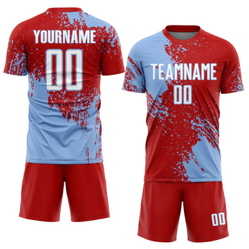 Custom Red White-Light Blue Abstract Brush Stroke Sports Sublimation Soccer Uniform Jersey